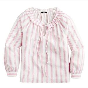 J. Crew Striped Blouse Ruffle Tie V-neck Long Sleeve Popover Cotton  S